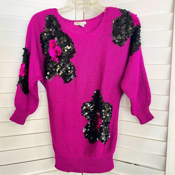 Vintage LILLIE RUBIN Knit Sweater PURPLE Floral Sequins Medium REAR - Picture 1 of 10